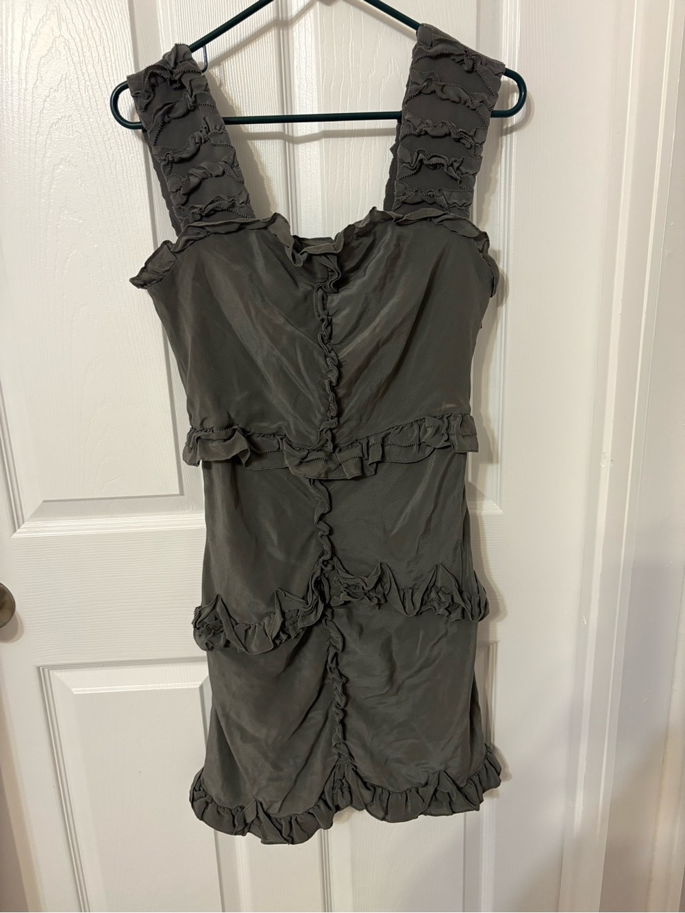 leifsdottir Olive-Grey Ruffle Tiered Sleeveless Mini Dress